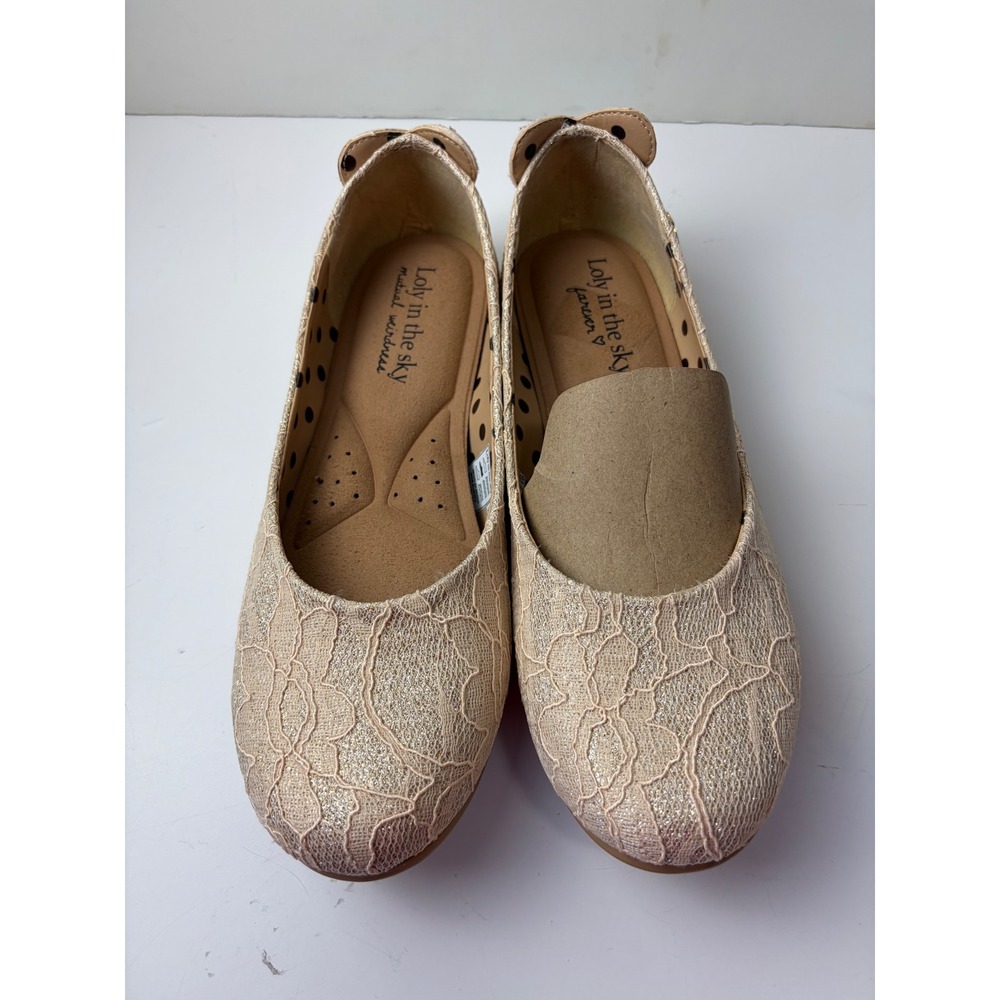 Loly in the sky Just Married Bridal Lace Glitter Flats Beige Womens 10 Wedding